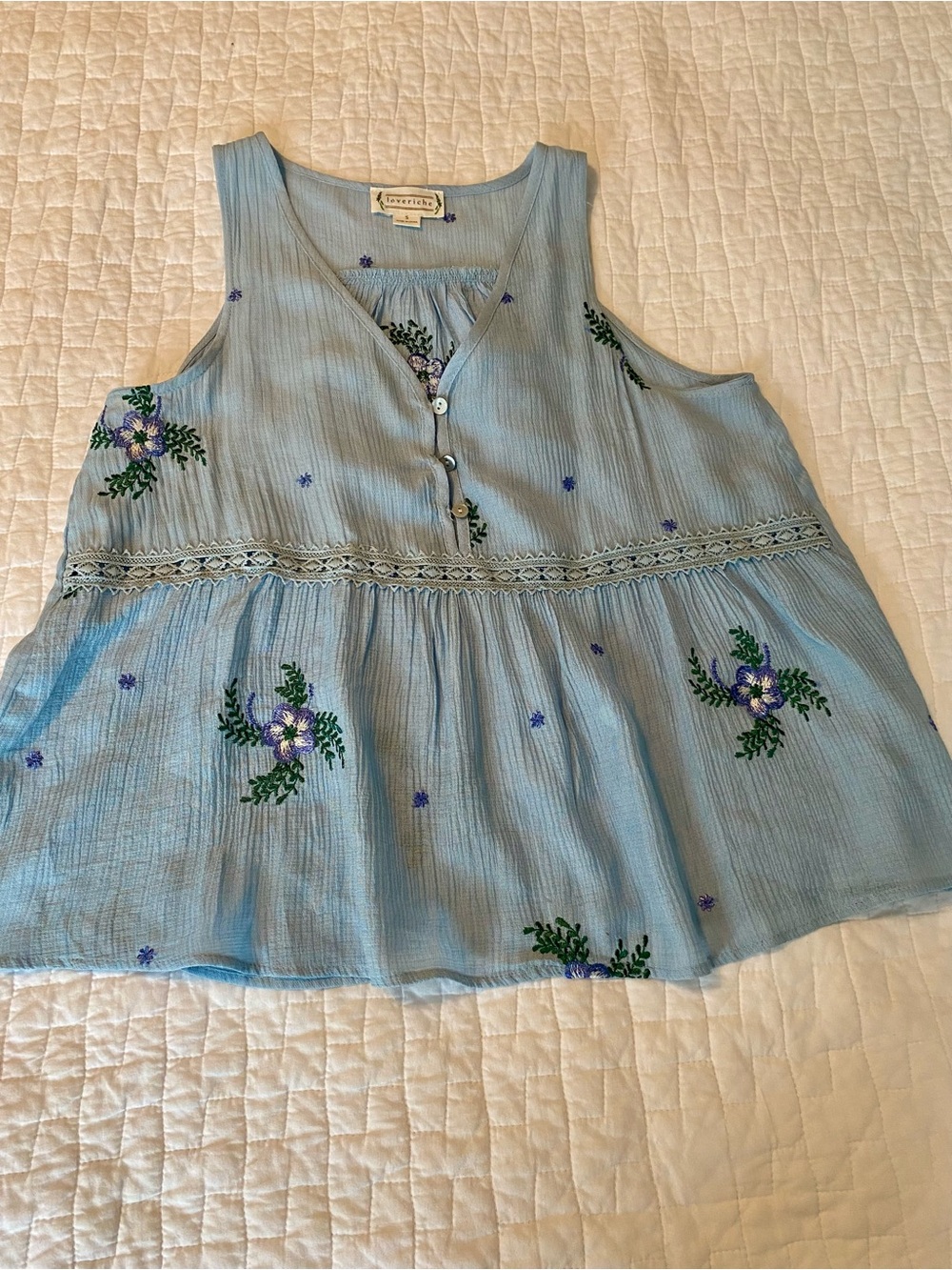 Love riche Light Blue Embroidered Floral Tiered women’s blouse
